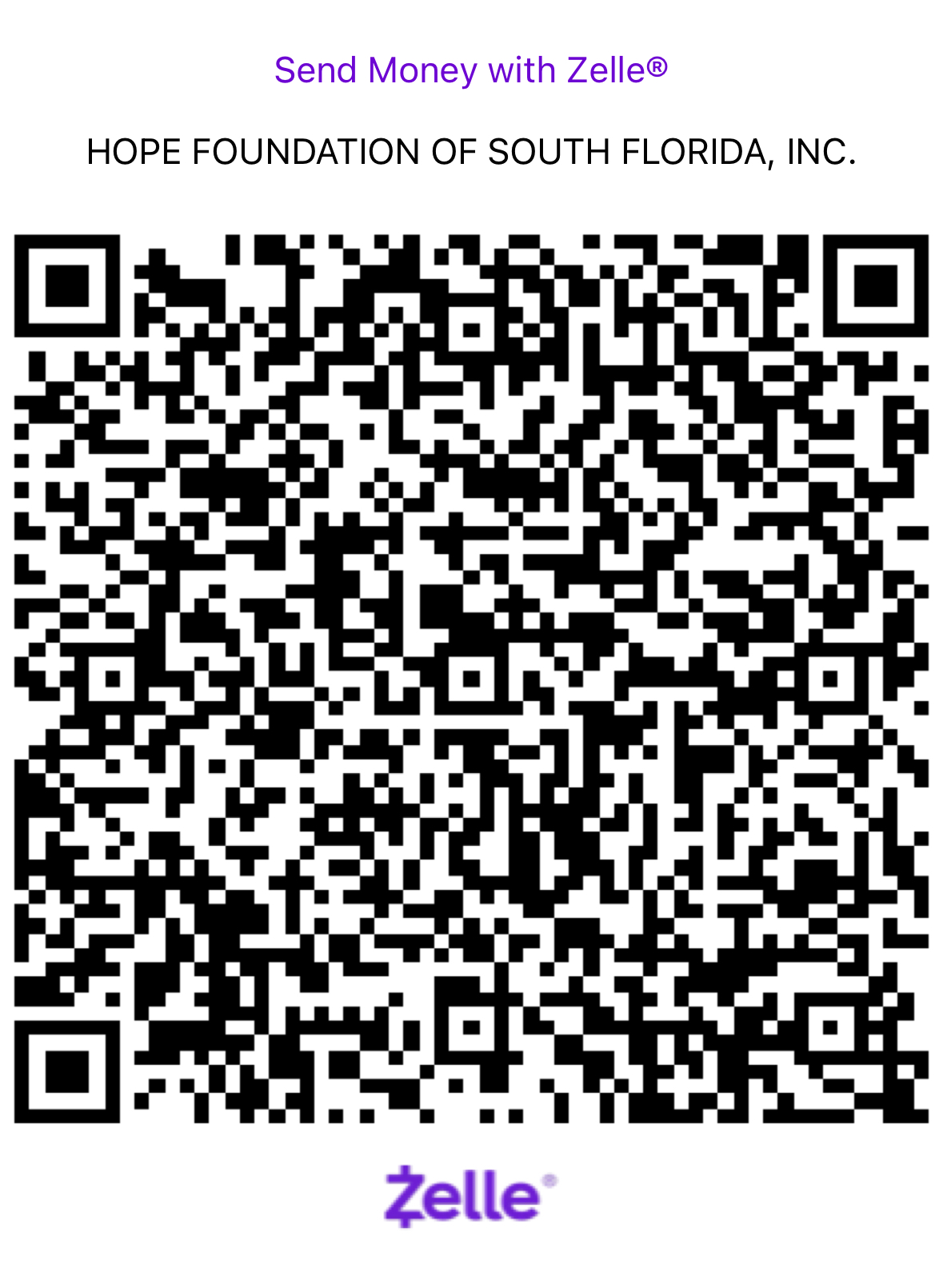 Zelle QR code to donate to Hope Foundation of South Florida, Inc.