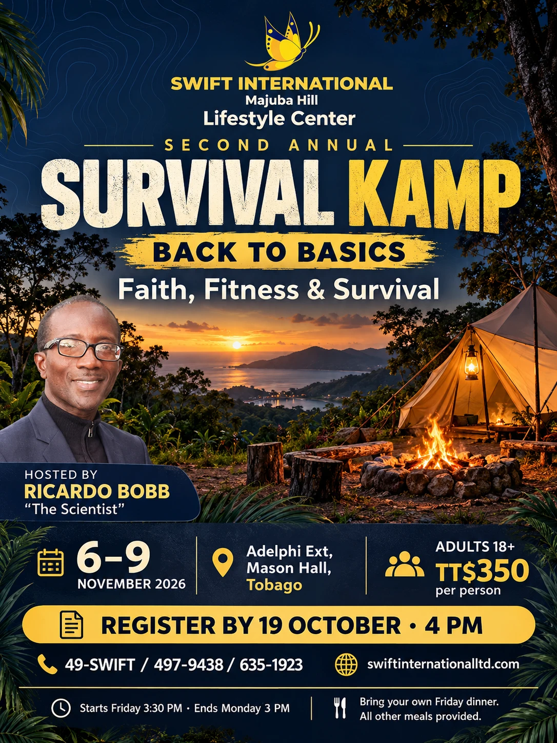 Second Annual Survival Kamp: 6–9 November 2026, Adelphi Ext, Mason Hall, Tobago. Adults 18+, TT$350 per person. Hosted by Ricardo Bobb. Register by 19 October at 4 PM.
